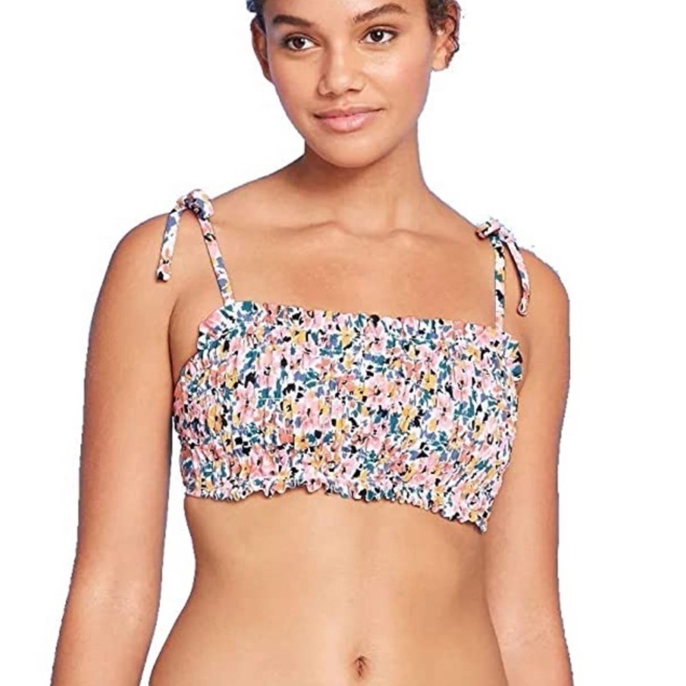 Smocked Mulicolored Floral Print Bandeau Bikini Top